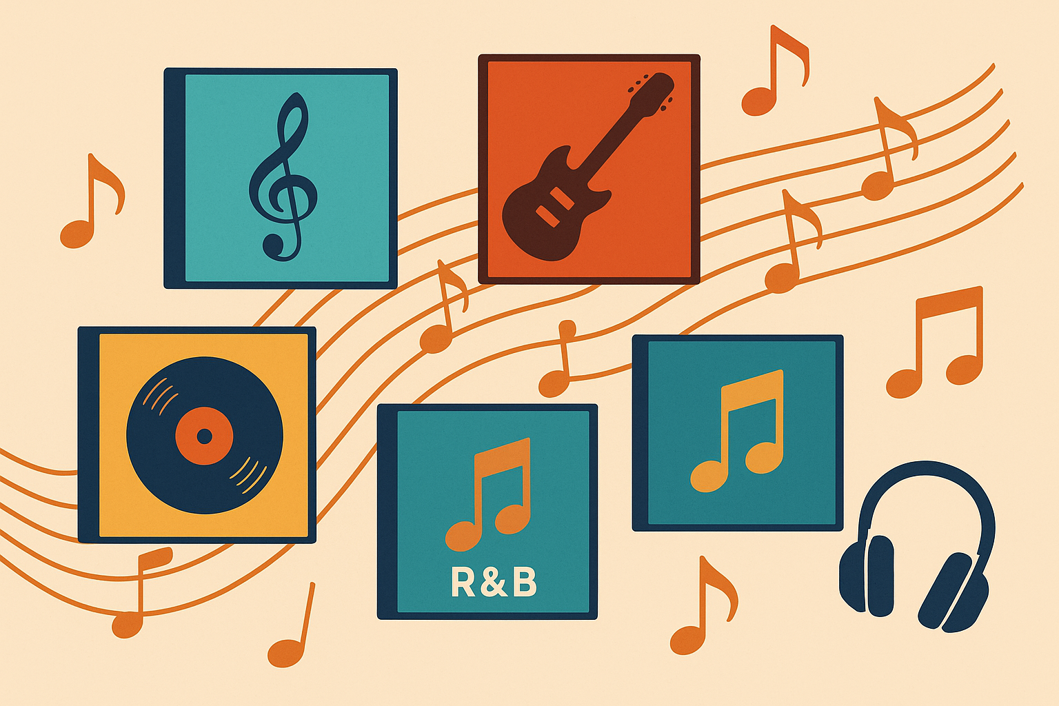 헤드폰 아이콘, 기타, 음표, 바이닐 레코드, R&B 텍스트 이미지