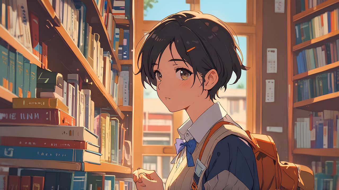 도서관에 있는 교복입은 여학생의 모습