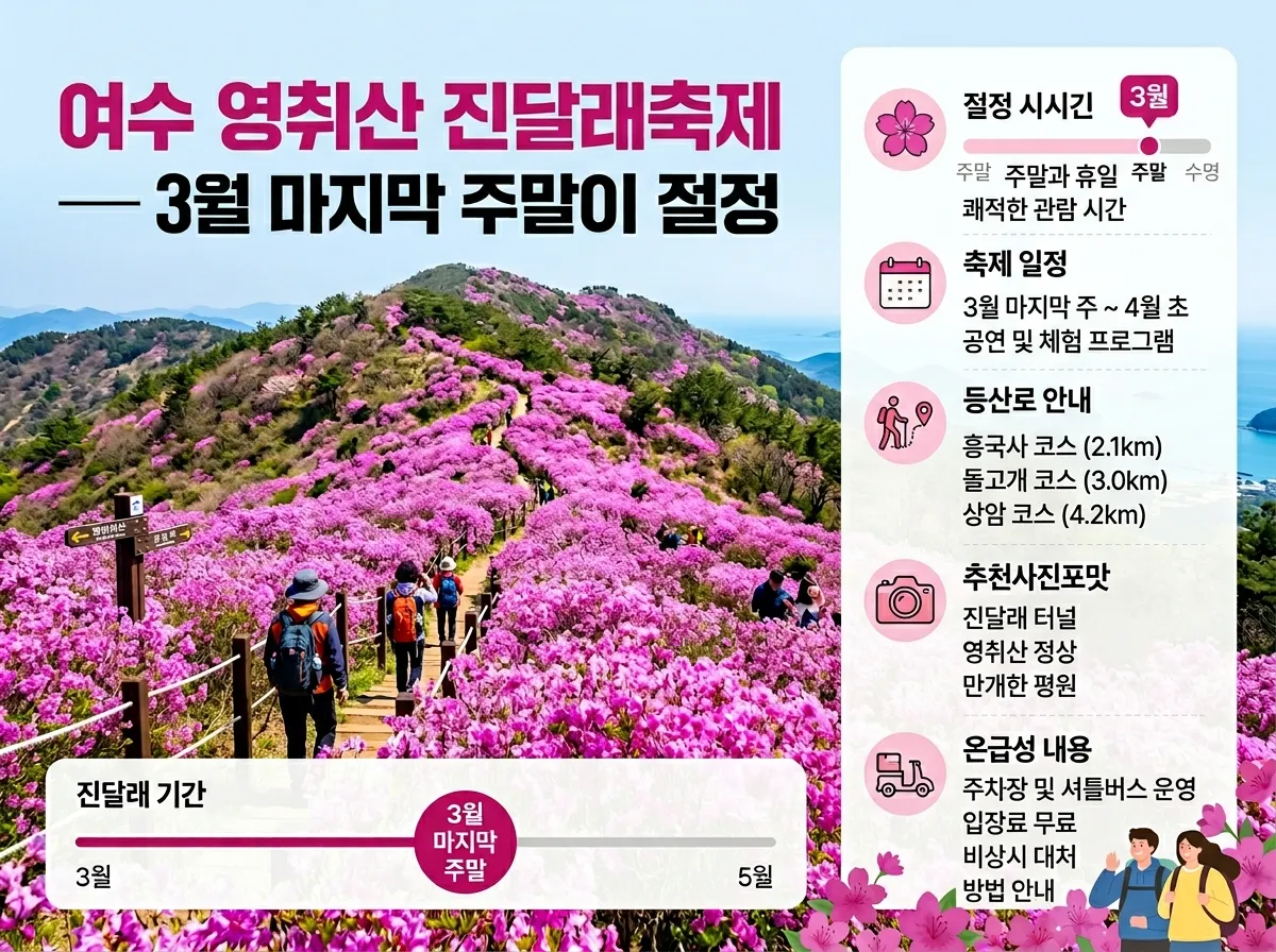 여수 영취산 진달래가 만개한 산 중턱 등산로 풍경