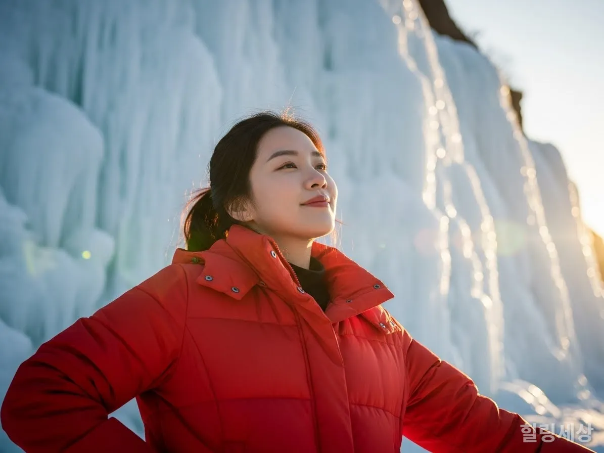 청송 얼음골의 거대한 빙벽 앞, 붉은 패딩을 입고 인생샷 포즈를 취하는 여성