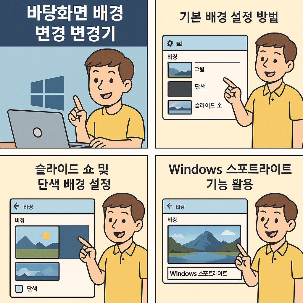네 칸으로 구성된 일러스트 형식의 Windows 바탕화면 배경 변경 안내 만화.
첫 번째 칸에는 노란 셔츠를 입은 남자 캐릭터가 노트북을 보며 '바탕화면 배경 변경 변경기'라고 소개.
두 번째 칸에서는 그림, 단색, 슬라이드 쇼 중 배경 종류를 선택하는 모습.
세 번째 칸에서는 단색과 슬라이드 쇼 배경 설정 화면을 가리키며 설명하는 장면.
네 번째 칸에서는 Windows 스포트라이트 기능을 활용해 배경을 자동으로 바꾸는 방법을 소개하고 있음