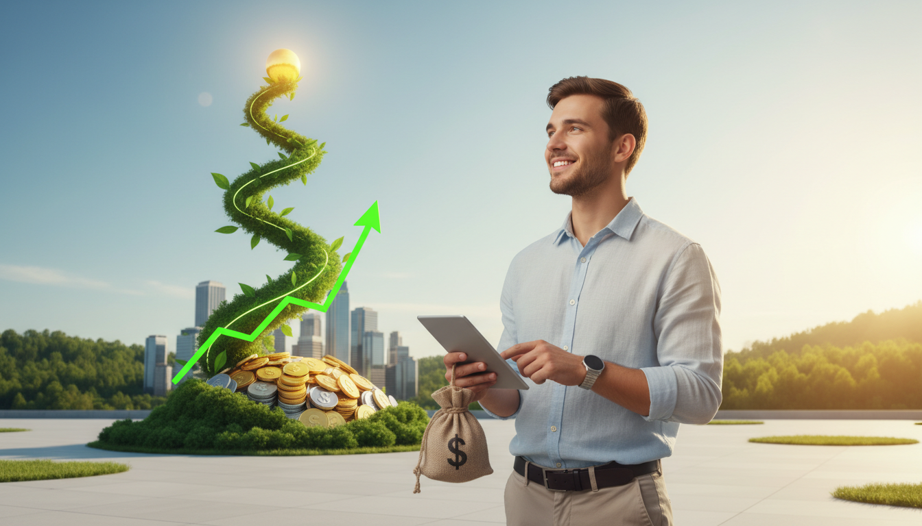 푸른 배경과 성장하는 그래프를 뒤로 한 채 동전을 들고 미래를 바라보는 청년의 모습, 청년미래적금으로 밝은 미래를 계획하는 희망찬 장면.