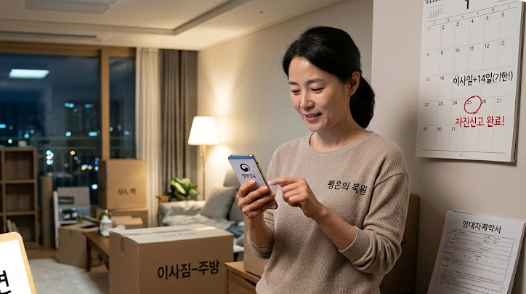 모바일 정부24 앱으로 전입신고 지연 해결 후 안도하는 중년 여성의 모습