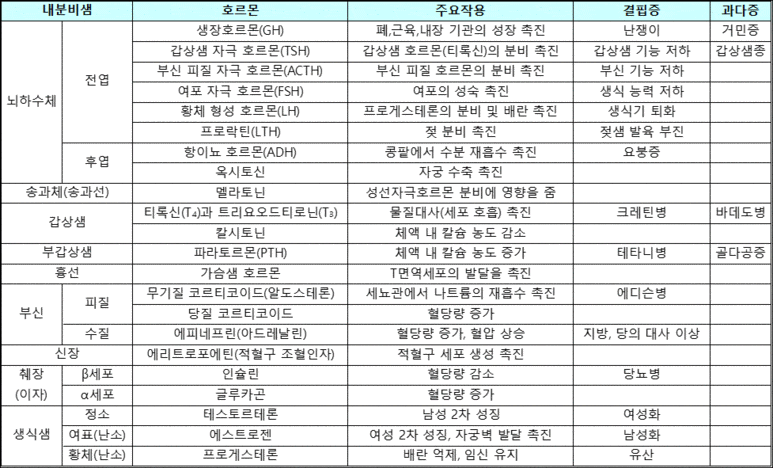 호르몬의 종류 표