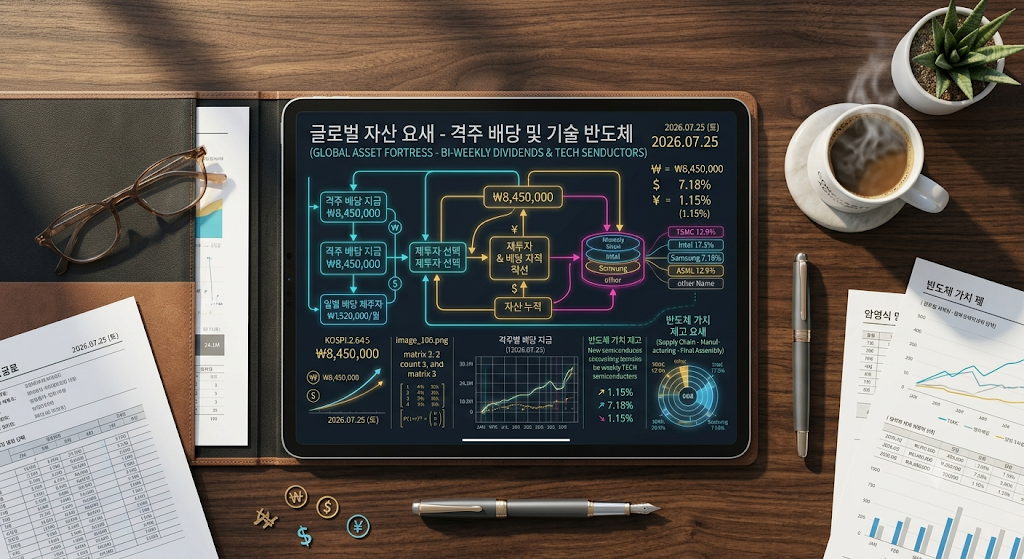 세련된 서재 테이블 위 태블릿 화면에 선명하게 정렬된 KODEX 월 2회 비과세 현금 흐름 스왑 및 반도체·금융주 포트폴리오 구조도