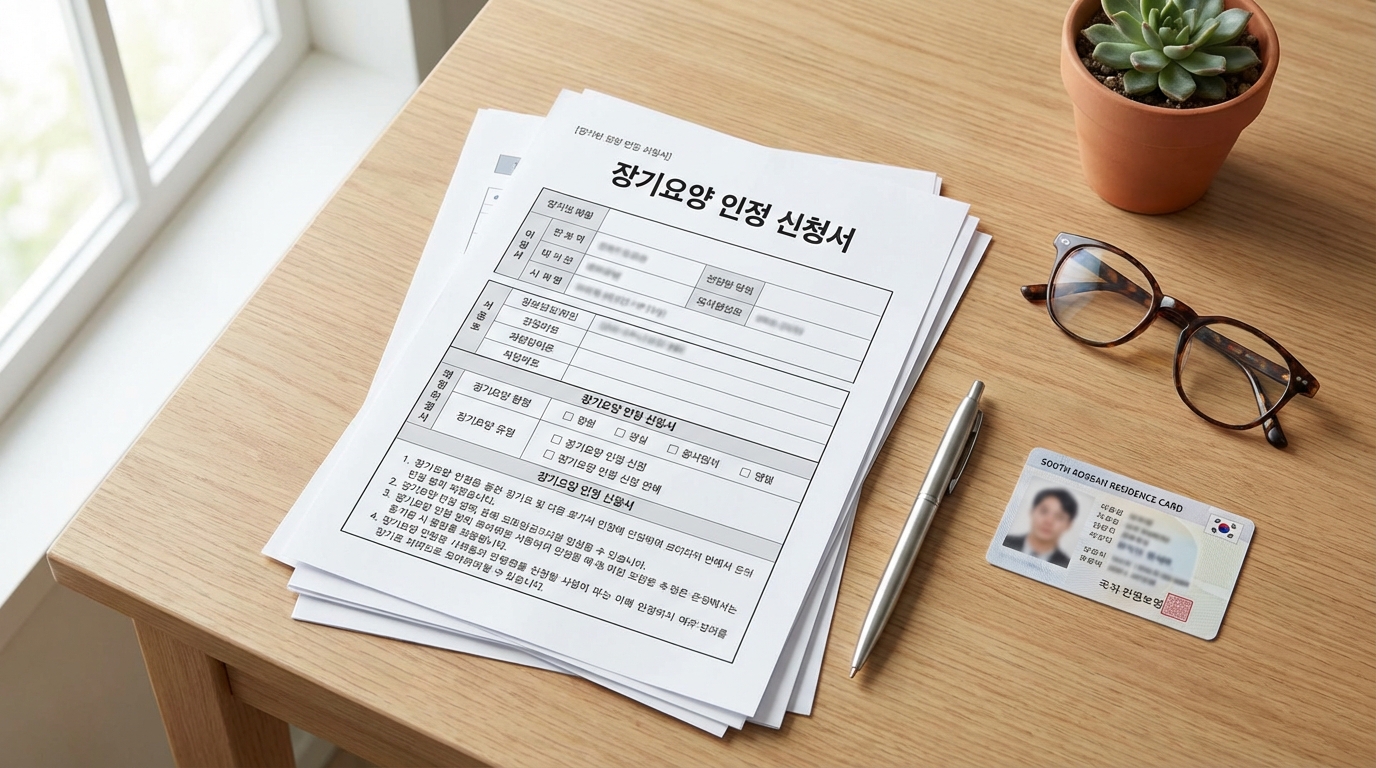 깔끔한 책상 위에 놓인 노인장기요양보험 신청 서류와 신분증, 필기구의 모습