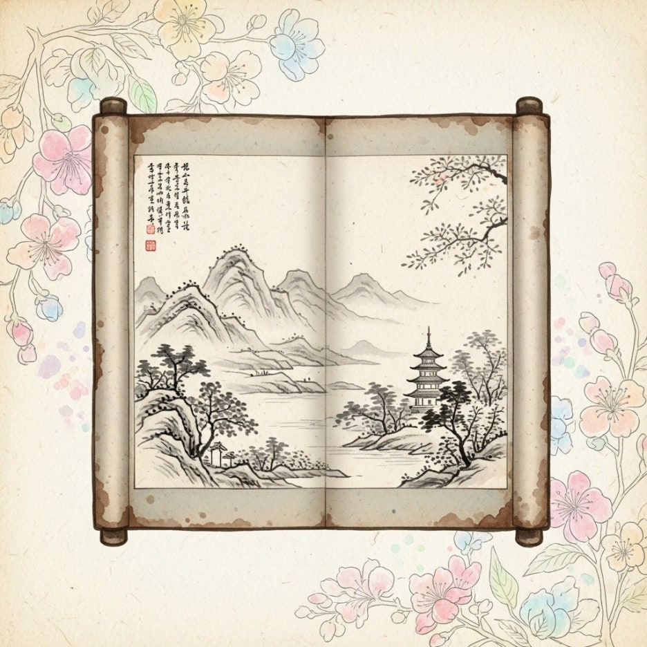 우아한 붓글씨가 적힌 오래된 한국의 두루마리 그림