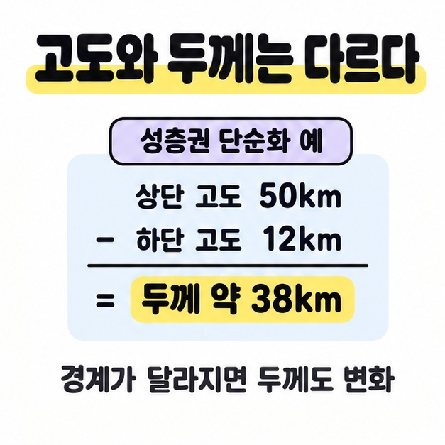 성층권의 단순화한 예에서 상단 고도 50km에서 하단 고도 12km를 빼 두께 약 38km를 구하고 경계 변화에 따라 두께도 달라짐을 설명한 계산 그림