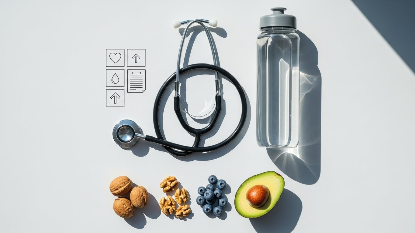 청진기,-혈액-검사-보고서-아이콘(일반),-수분-보충-병,-영양-성분-등-건강-관련-물품을-깔끔하게-정리한-플랫레이입니다.