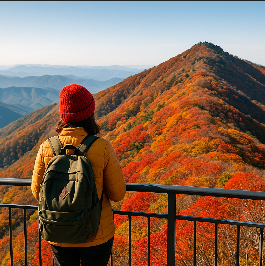산 정상에서 단풍 바라보는 중년 여성사진
