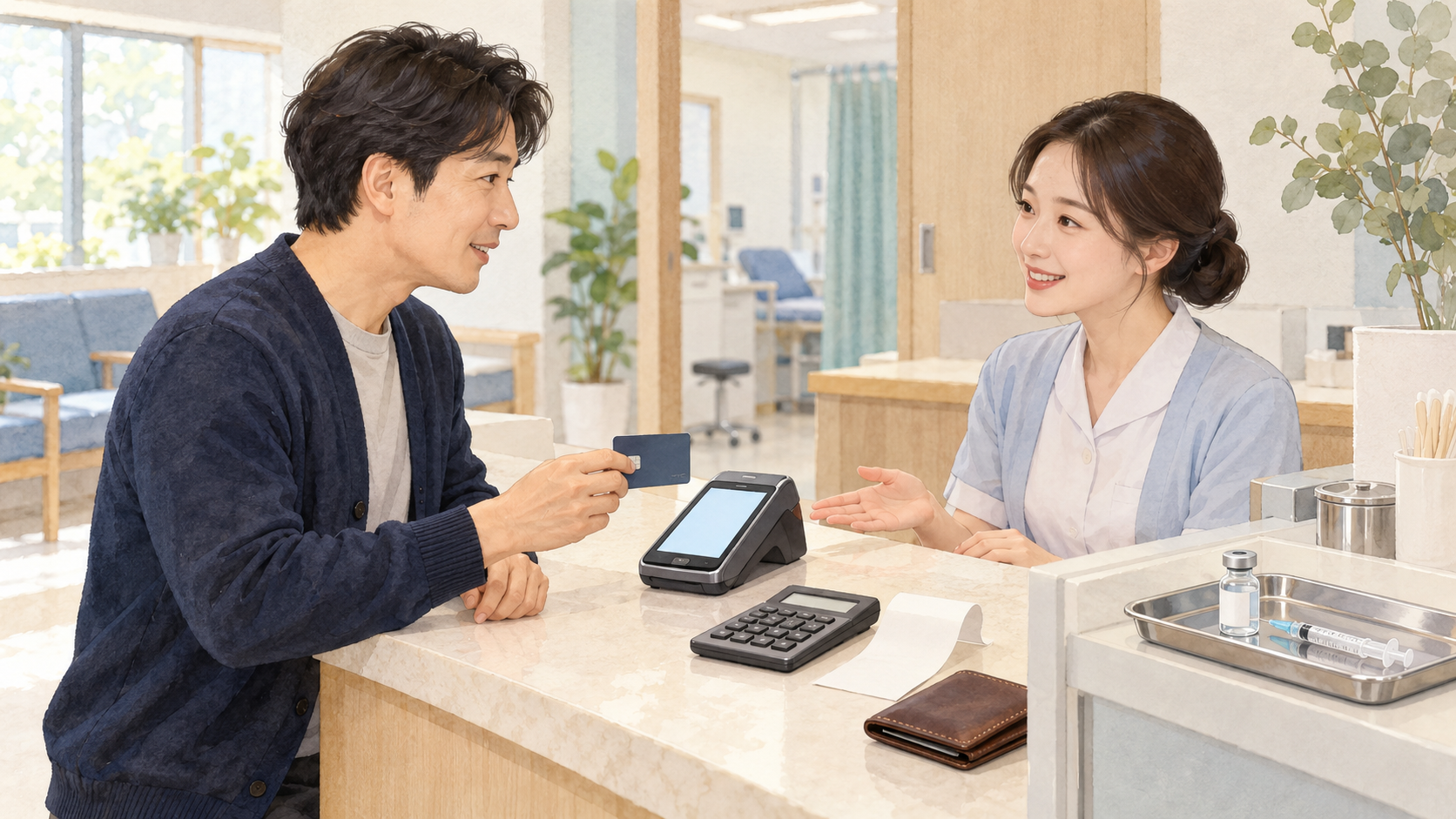 병원 접수대에서 일반인 독감 예방접종 가격을 상담하는 성인