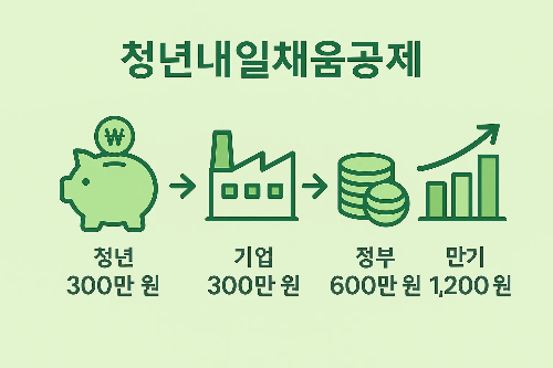 청년내일채움공제는 청년 300만 원, 기업 300만 원, 정부 600만 원 적립으로 만기 시 총 1,200만 원을 받을 수 있는 제도를 설명한 이미지입니다.