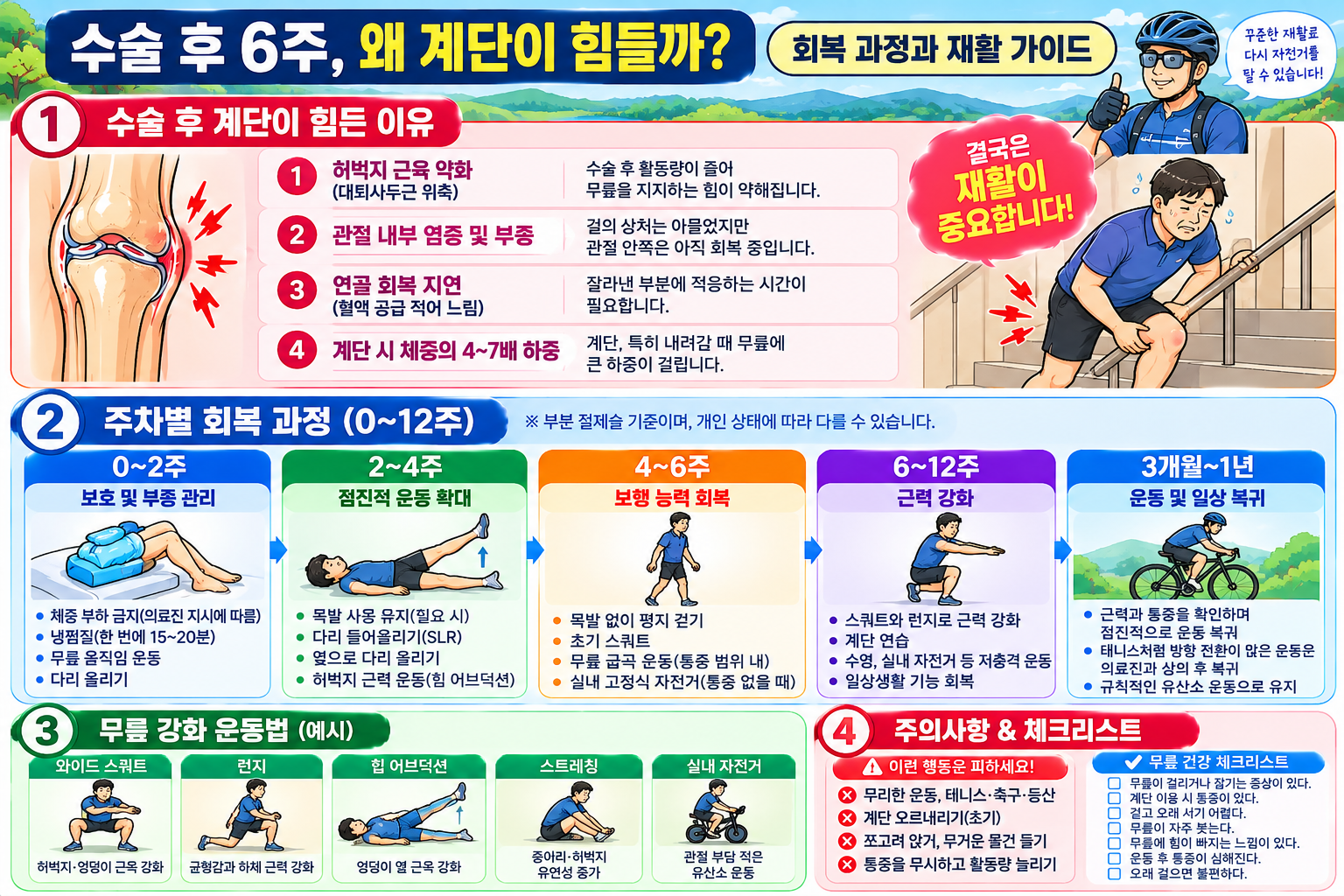 무릎 반월상 연골판 부분 절제술 후 6주 계단 통증의 원인과 단계별 재활 가이드 인포그래픽