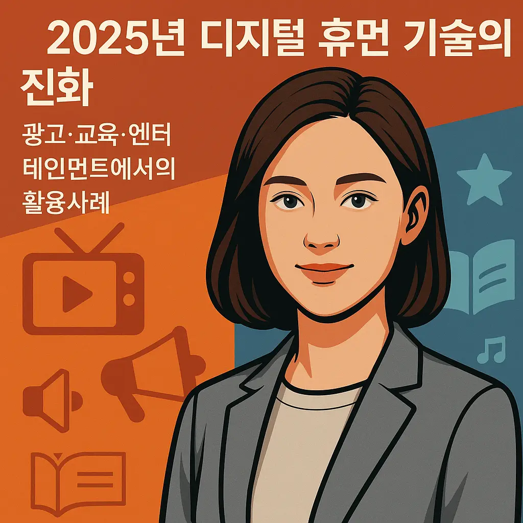 2025년 디지털 휴먼 기술의 진화 &ndash; 광고&middot;교육&middot;엔터테인먼트 활용 사례를 담은 썸네일 이미지