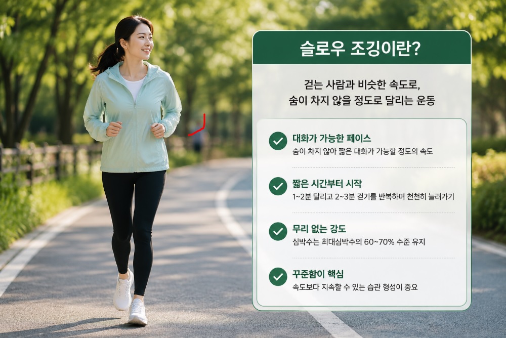 산책로에서 편안하게 대화할 수 있는 속도로 천천히 달리는 슬로우조깅.