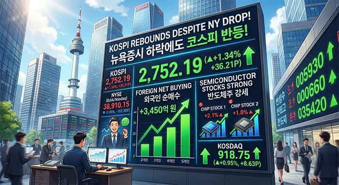 서울의 도시와 큰모니터에 주식그래프로 표현.