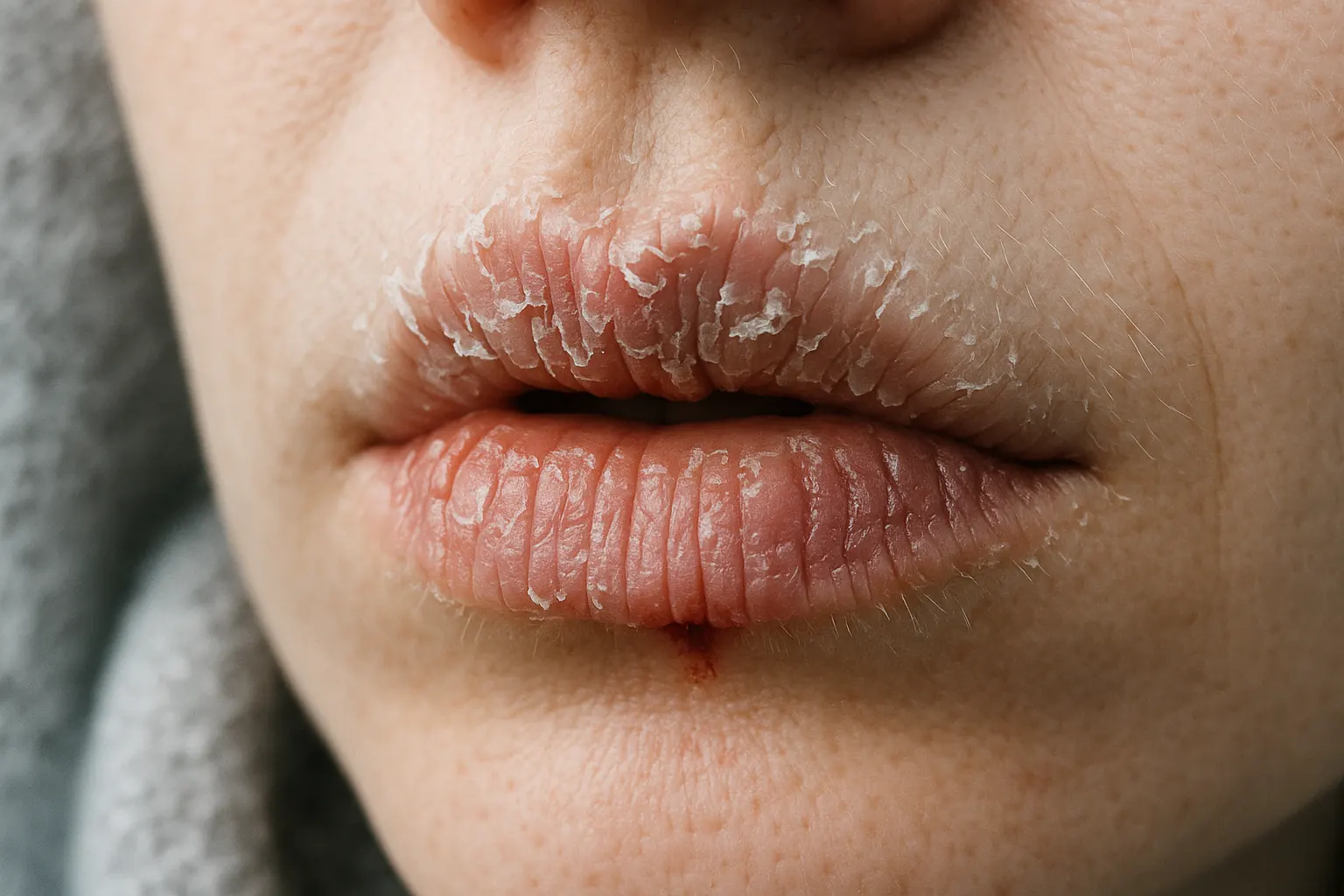 겨울철 건조한 날씨 속에서 입술이 하얗게 일어나고 갈라지는 모습. 입술에 균열이 생기고 피가 살짝 배어나오는 장면