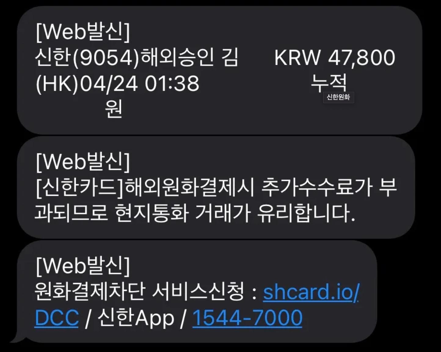 이중환전 해외원화결제 문자