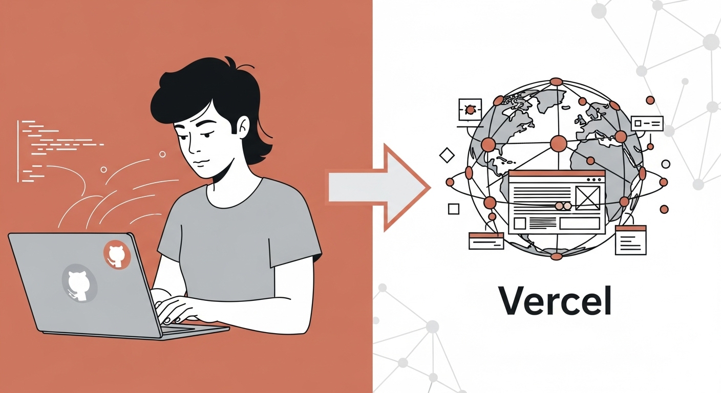 깃허브에서 코드를 수정하면 자동으로 Vercel에 배포되는 CI/CD 과정을 나타내는 인포그래픽. 개발자와 지구본 아이콘으로 연속적인 통합과 배포를 시각화했습니다.