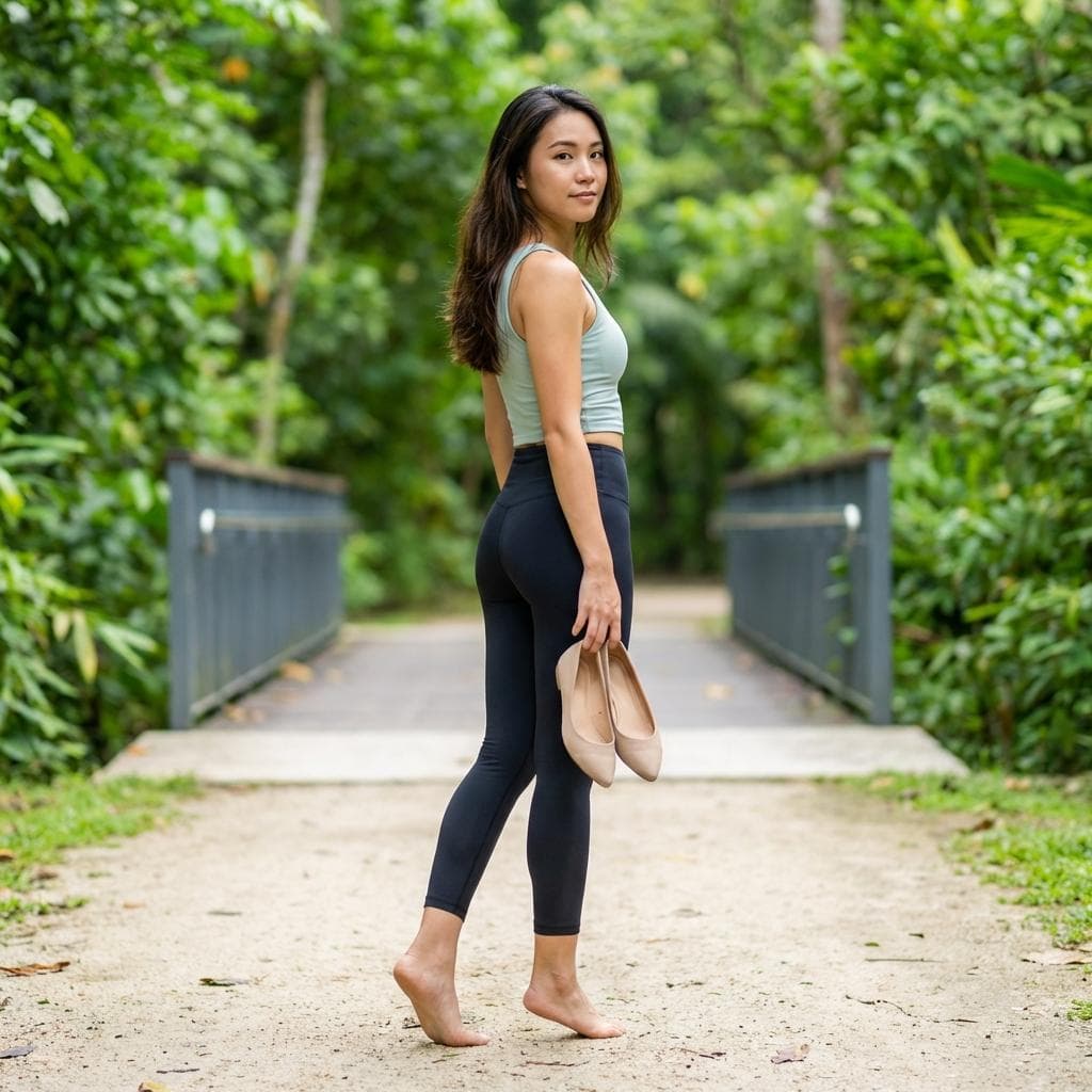 숲길에서 신발을 벗고 맨발로 걸으며 건강한 미소를 짓는 여성, 자연 치유 라이프스타일