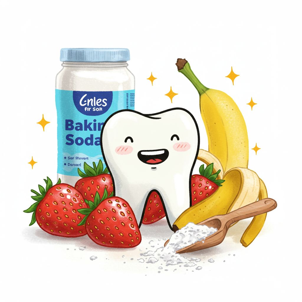딸기, 베이킹소다, 바나나 껍질에 둘러싸인 귀여운 만화 이가 반짝이며 웃고 있는 일러스트 (치아미백 자연요법, 귀여운 이미지)