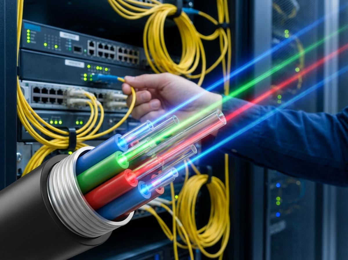 고속 데이터 전송을 시각화한 광섬유 단면 이미지, 내부에서 밝은 빛이 뿜어져 나오는 모습