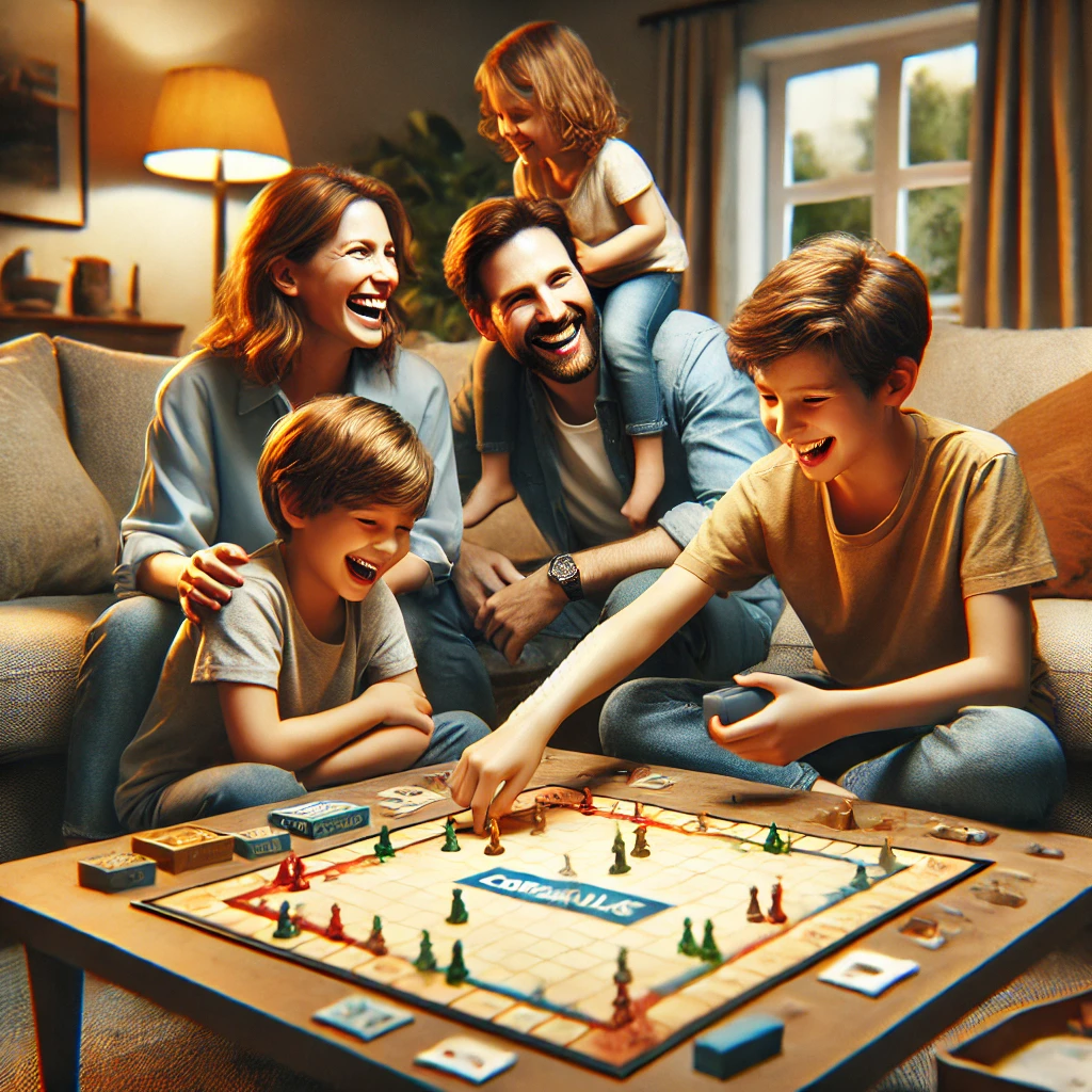 거실에서 보드게임을 하며 즐거워하는 가족