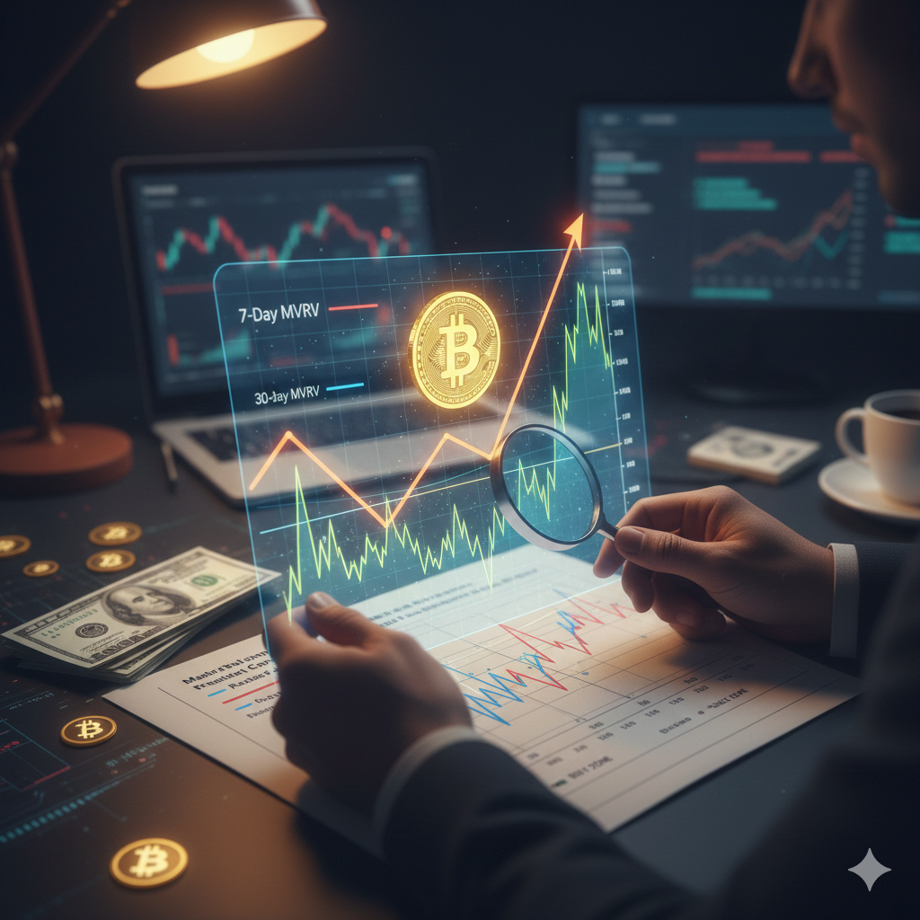 어두운 실내 조명 아래 한 투자자가 돋보기를 들고 비트코인 온체인 데이터 차트를 정밀하게 분석하는 모습이에요. 투명한 홀로그램 디스플레이 위로 주황색 7일 MVRV 선과 파란색 30일 MVRV 선이 캔들 차트와 함께 표시되어 있으며, 비트코인 심볼이 밝게 빛나고 있어요. 책상 위에는 노트북, 분석 보고서, 달러 뭉치, 그리고 실물 비트코인 동전들이 놓여 있어 전문적인 분석 환경을 사실적으로 보여줘요.