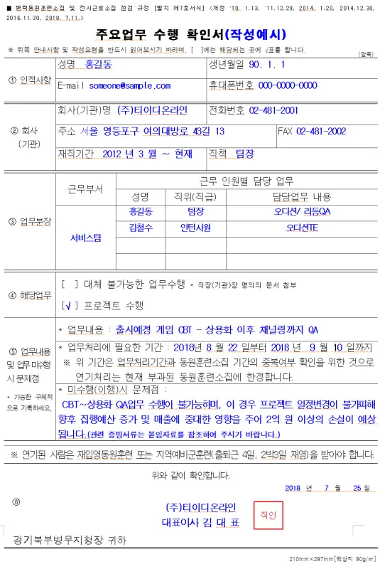 주요업무수행 확인서 작성 예시