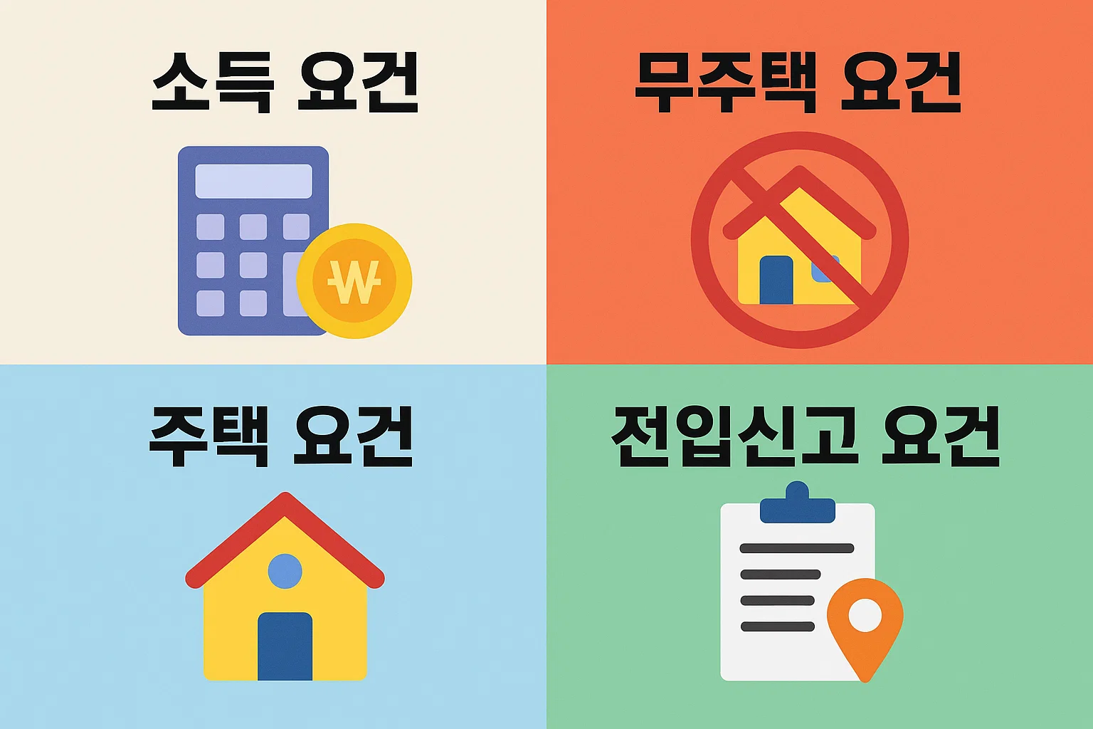 월세 세액공제를 받기 위한 소득 요건, 무주택 요건, 주택 기준, 전입신고 필요 여부를 항목별로 정리해 조건 충족 여부를 쉽게 확인할 수 있는 이미지입니다