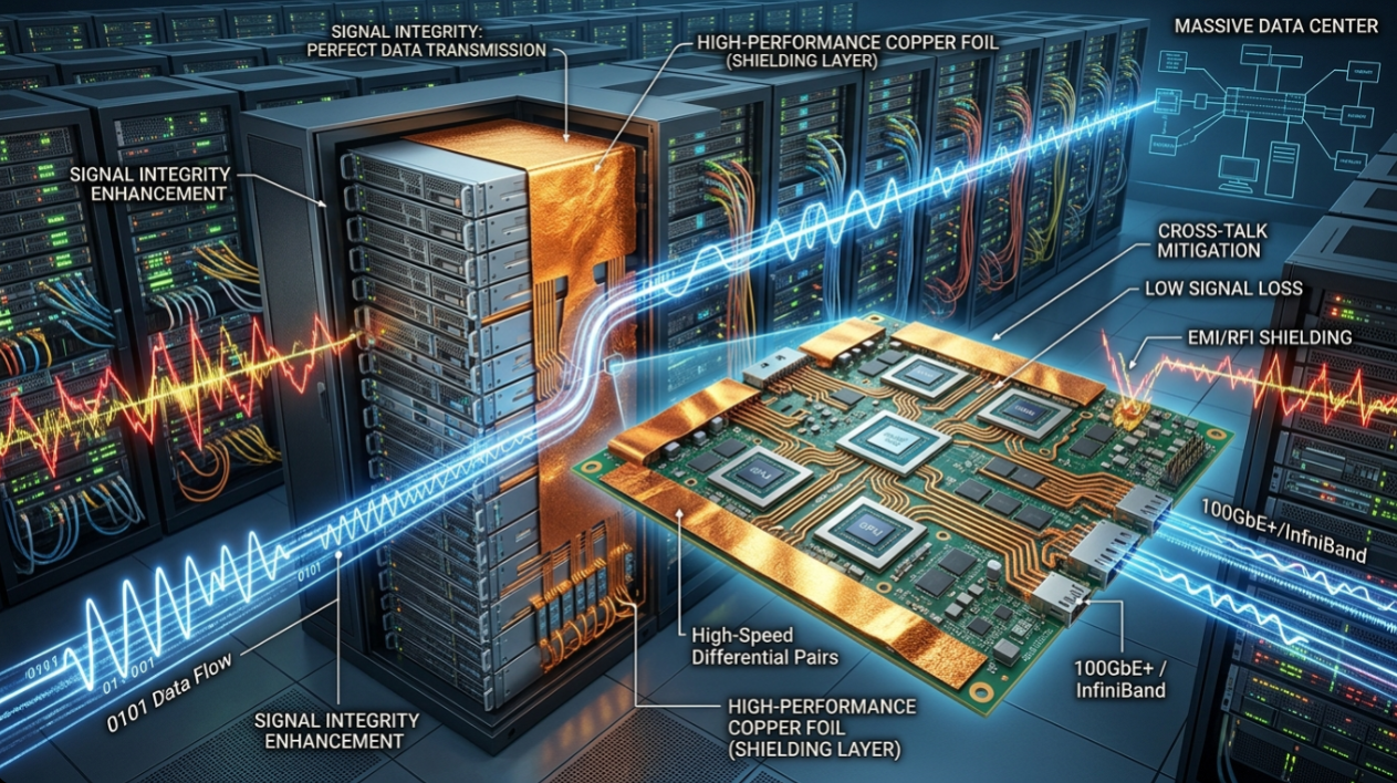 솔루스첨단소재 주가 전망 관련 이미지(거대한 데이터센터 서버 랙과 AI 가속기 칩셋 내부에서 데이터 신호 손실을 완벽하게 막아주는 고성능 구리박(동박)의 역할을 시각화한 3D 그래픽)