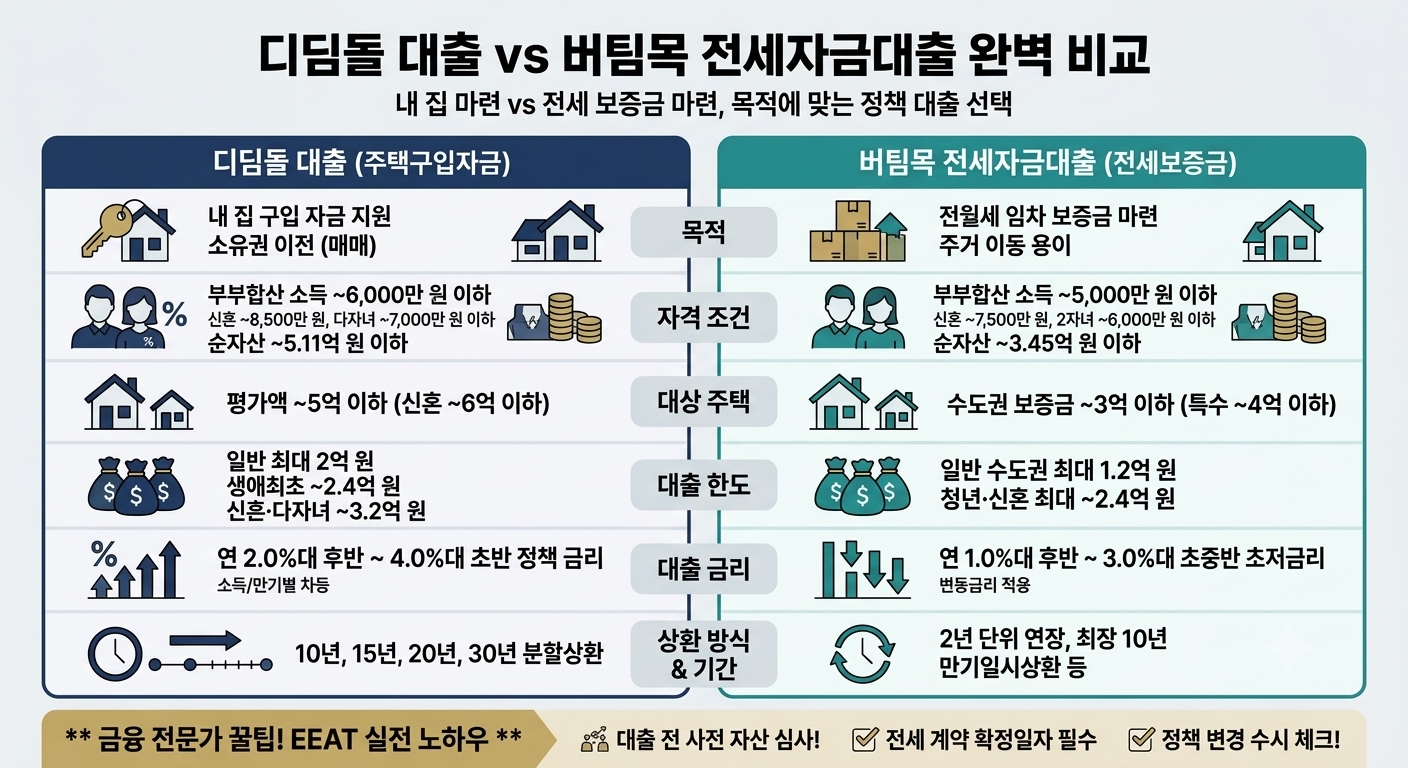 디딤돌 대출과 버팀목 전세자금대출 자격 조건 금리 한도 비교 인포그래픽