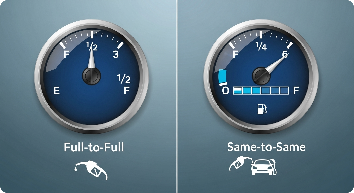 An illustration showing a comparison between a full fuel gauge and a quarter-full fuel gauge on a car dashboard. Below each gauge, there are icons or text representing 'Full-to-Full' and 'Same-to-Same' policies, visually emphasizing the difference. The overall aesthetic should be clear and easy to understand, using the specified blue-gray color palette.
