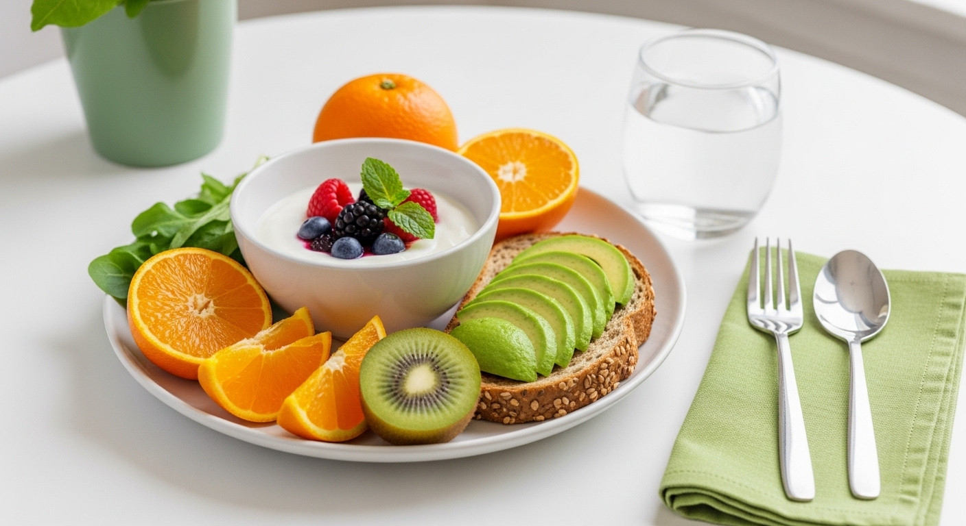 신선한 과일, 요거트, 통곡물 토스트로 구성된 건강하고 다채로운 아침 식탁