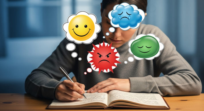 차분하게 감정 일기를 쓰며 자신의 감정을 들여다보는 사람의 모습.