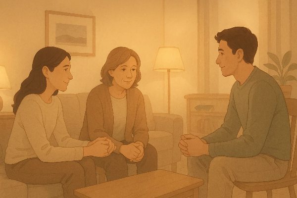 따뜻한 조명 아래 가족이 진지하게 대화를 나누는 장면, 신뢰와 공감이 흐르는 순간