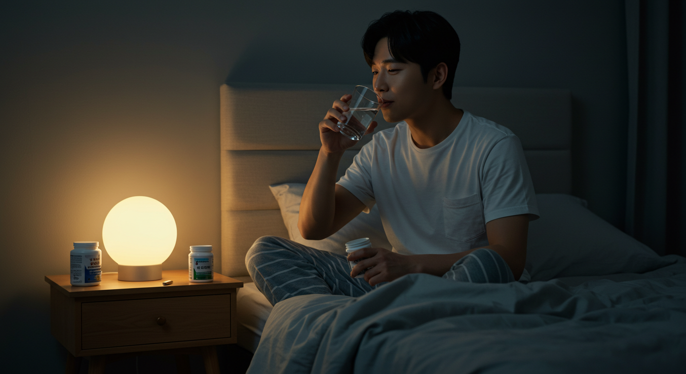 밤에 유산균 보충제를 물과 함께 섭취하는 중.