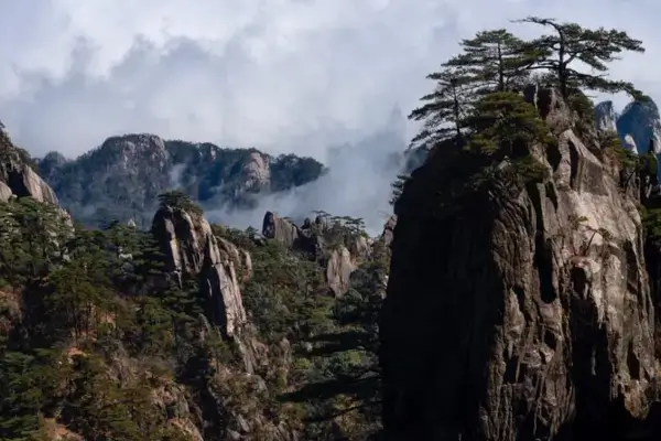 황산의-기암괴석-사이에-있는-울창한-수풀과-소나무-그리고-짙게-내려앉은-구름과-안개