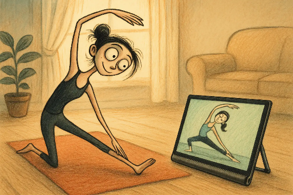 레노버 요가 탭 플러스 AI가 킥스탠드로 세워져 있고, 사용자가 화면을 보며 요가나 스트레칭을 하는 모습