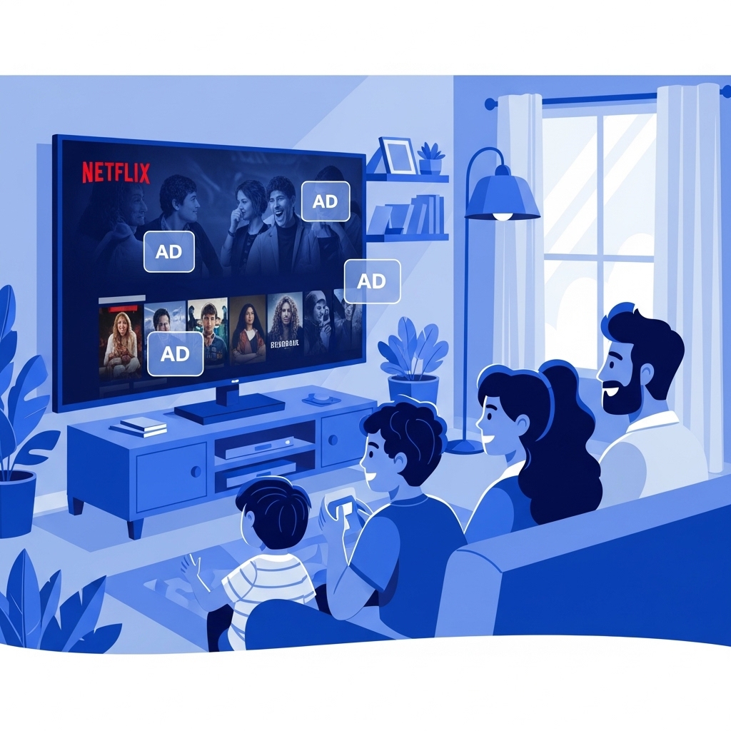 2025년 넷플릭스 광고형 요금제를 현명하게 이용하며 즐거워하는 가족의 모습.