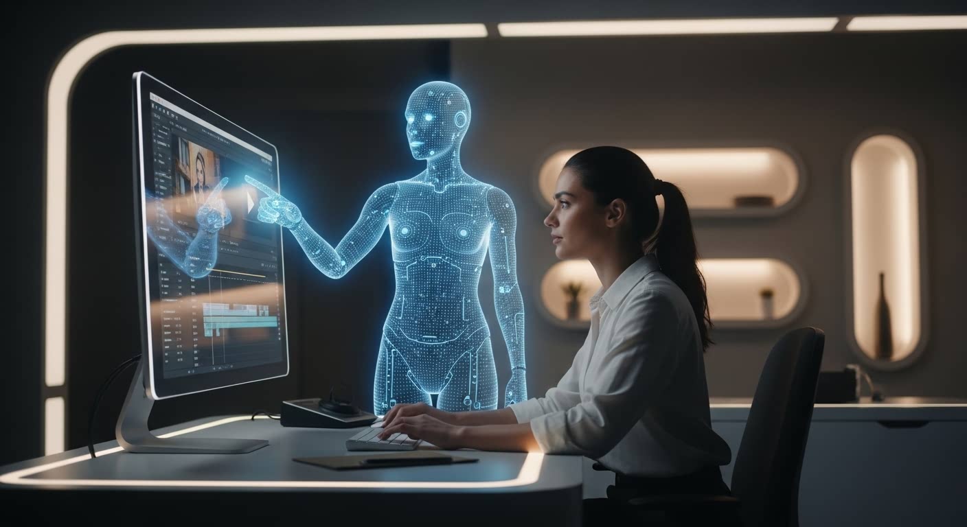 A futuristic workspace where a female video editor works with a glowing blue holographic AI assistant. The AI is pointing at a computer screen displaying a video editing timeline, illustrating human-AI collaboration in creative production.