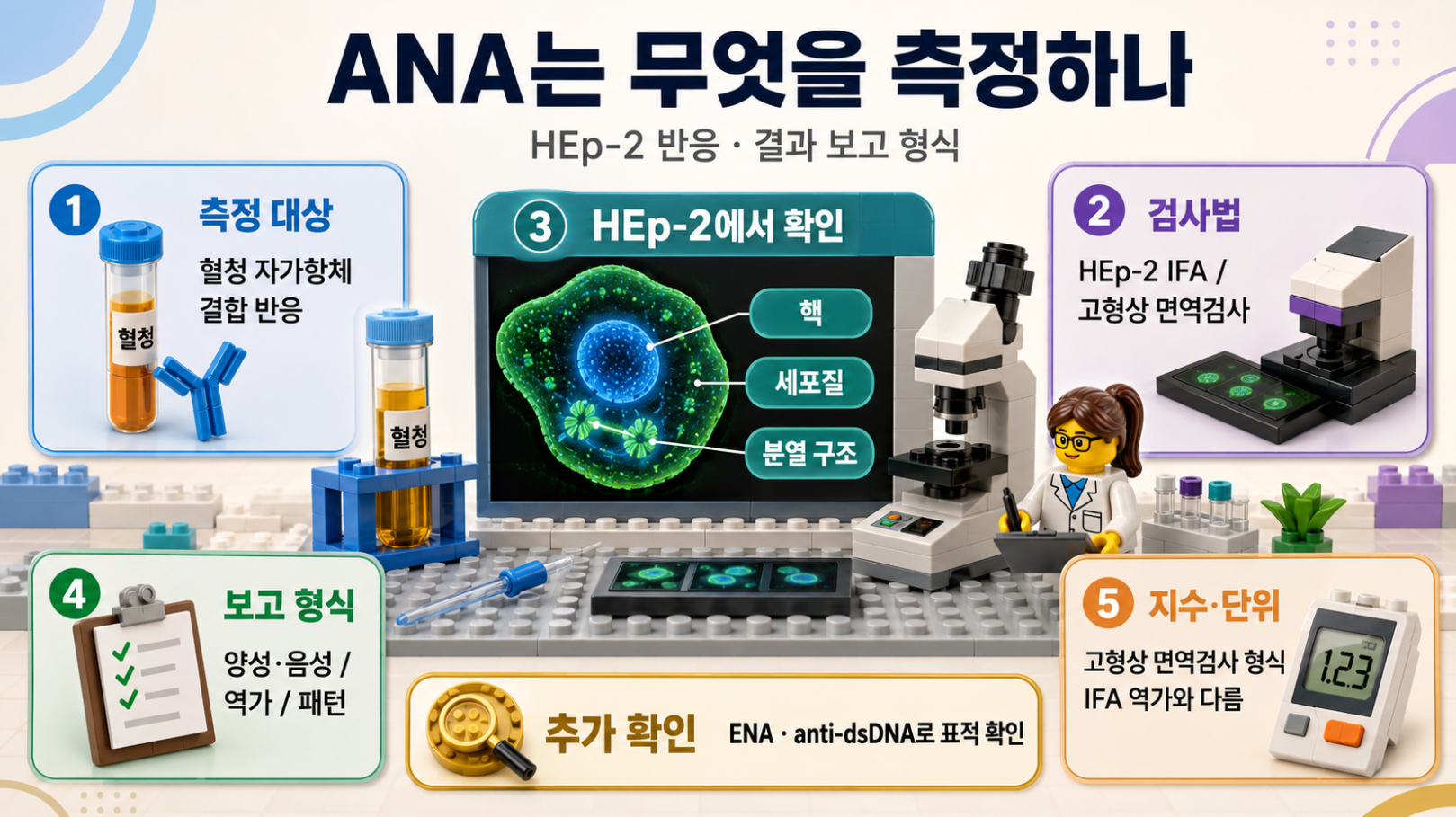 ANA는 무엇을 측정하나: HEp-2 세포 반응과 검사법, 결과 보고 형식을 정리한 레고 스타일 메디컬 인포그래픽