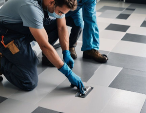 비닐타일 바닥재를 시공하고 있는 모습
