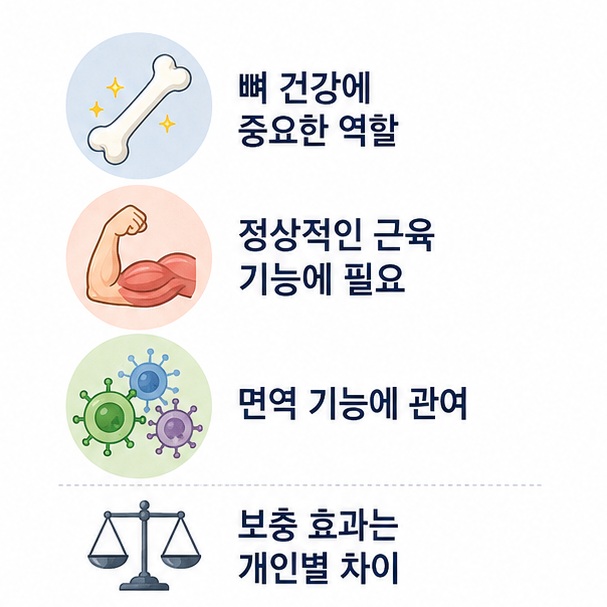 뼈와 근육, 면역세포를 통해 비타민 D의 주요 역할을 보여 주면서 보충제를 많이 먹는다고 건강 효과가 계속 증가하는 것은 아님을 설명한 그림