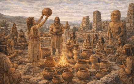 발칸 반도 레판토 선사 문화의 제의 유적과 도예 그릇, 공동체 의례 장면을 묘사한 고고학적 상상도