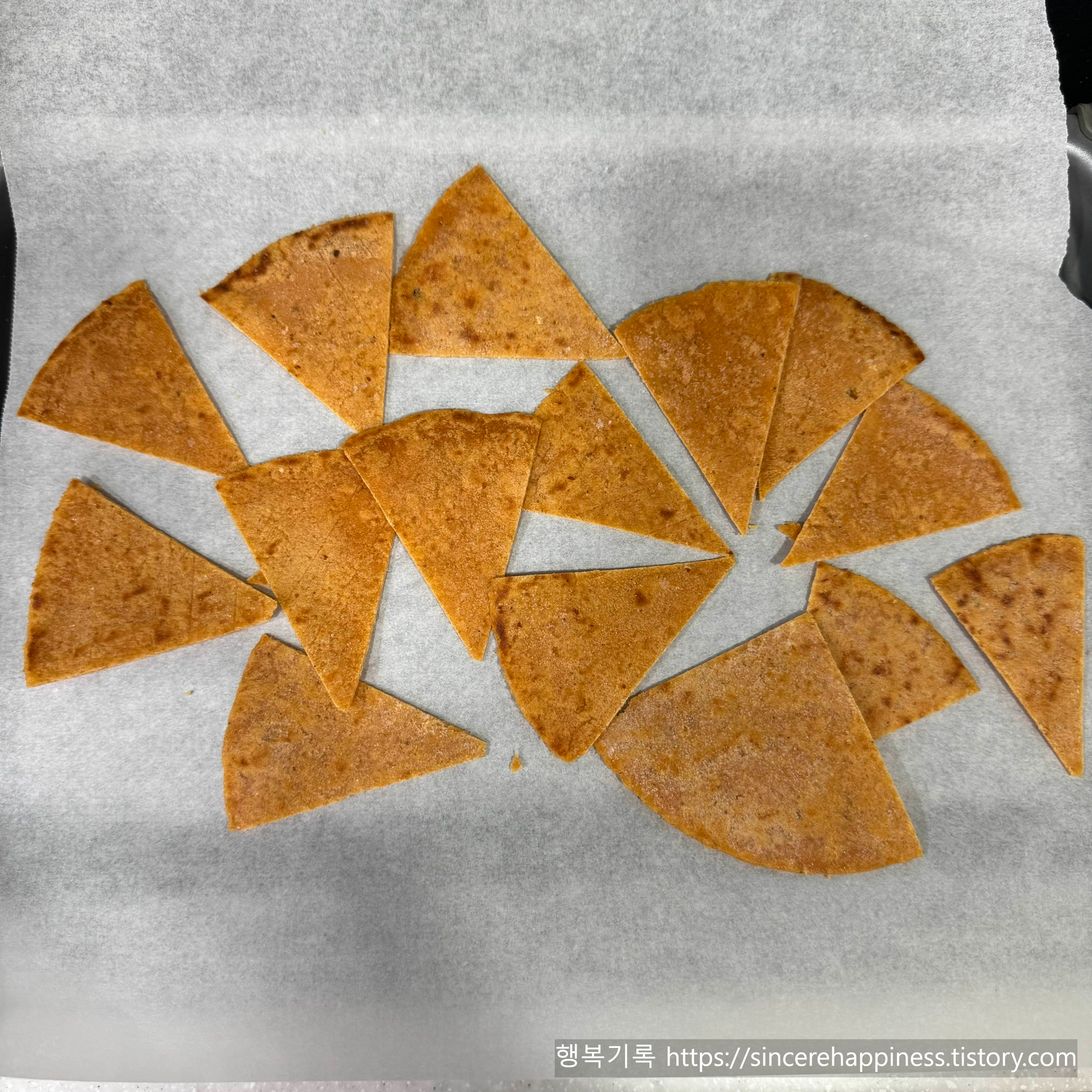 나초를 만들기 위해 종이호일 위에 피자 조각 모양으로 자른 두부또띠아 조각들