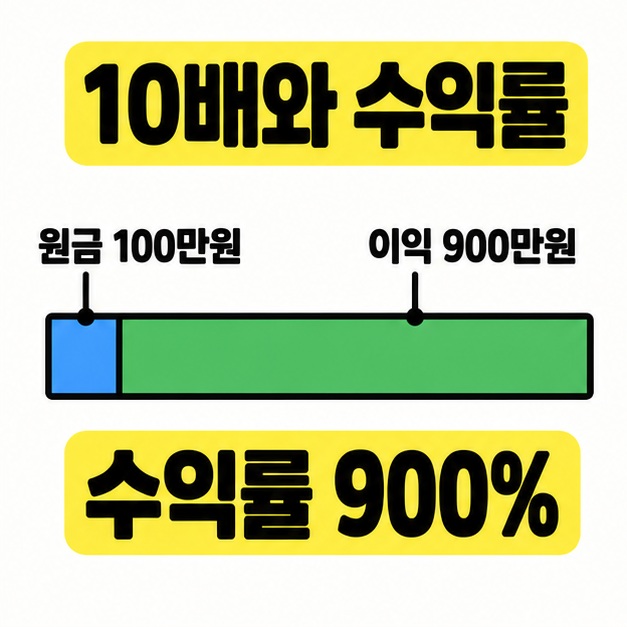 최종 평가금액 1,000만 원을 원금 100만 원과 이익 900만 원으로 나누고 수익률 900%를 표시한 도식