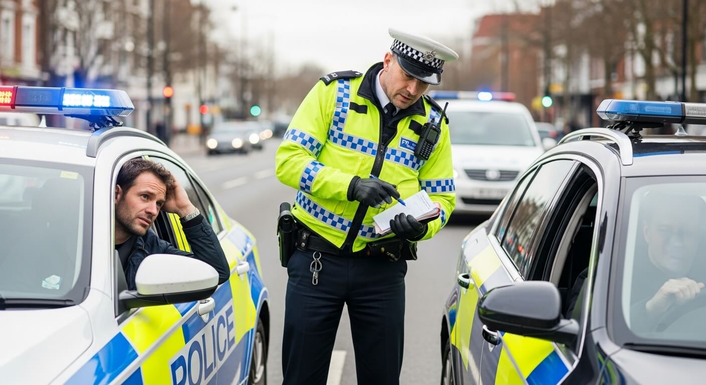 도심 도로에서 경찰관이 운전자에게 범칙금 관련 고지서를 작성 중인 장면