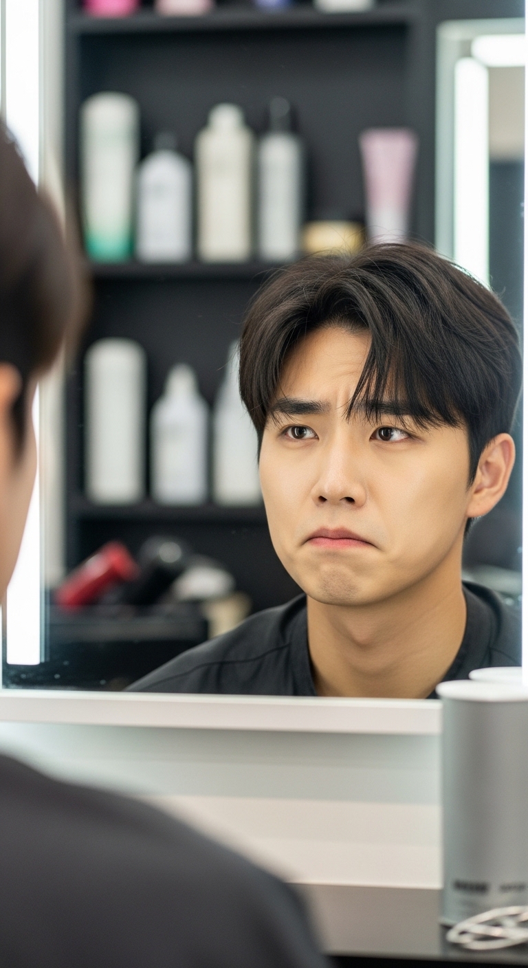 미용실 거울 앞에서 자신의 헤어스타일을 보며 다소 실망하거나 고민에 빠진 젊은 남성의 모습