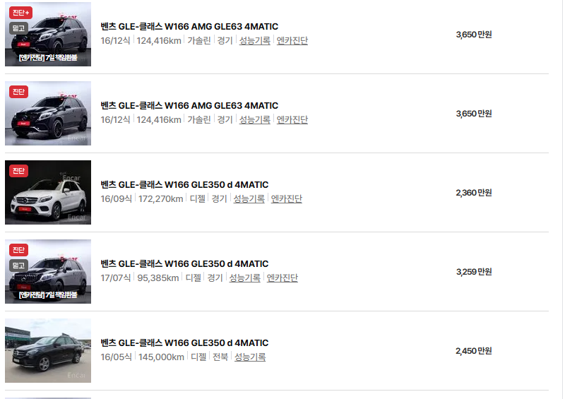 벤츠 GLE 클래스 중고차 가격 시세표 유지비